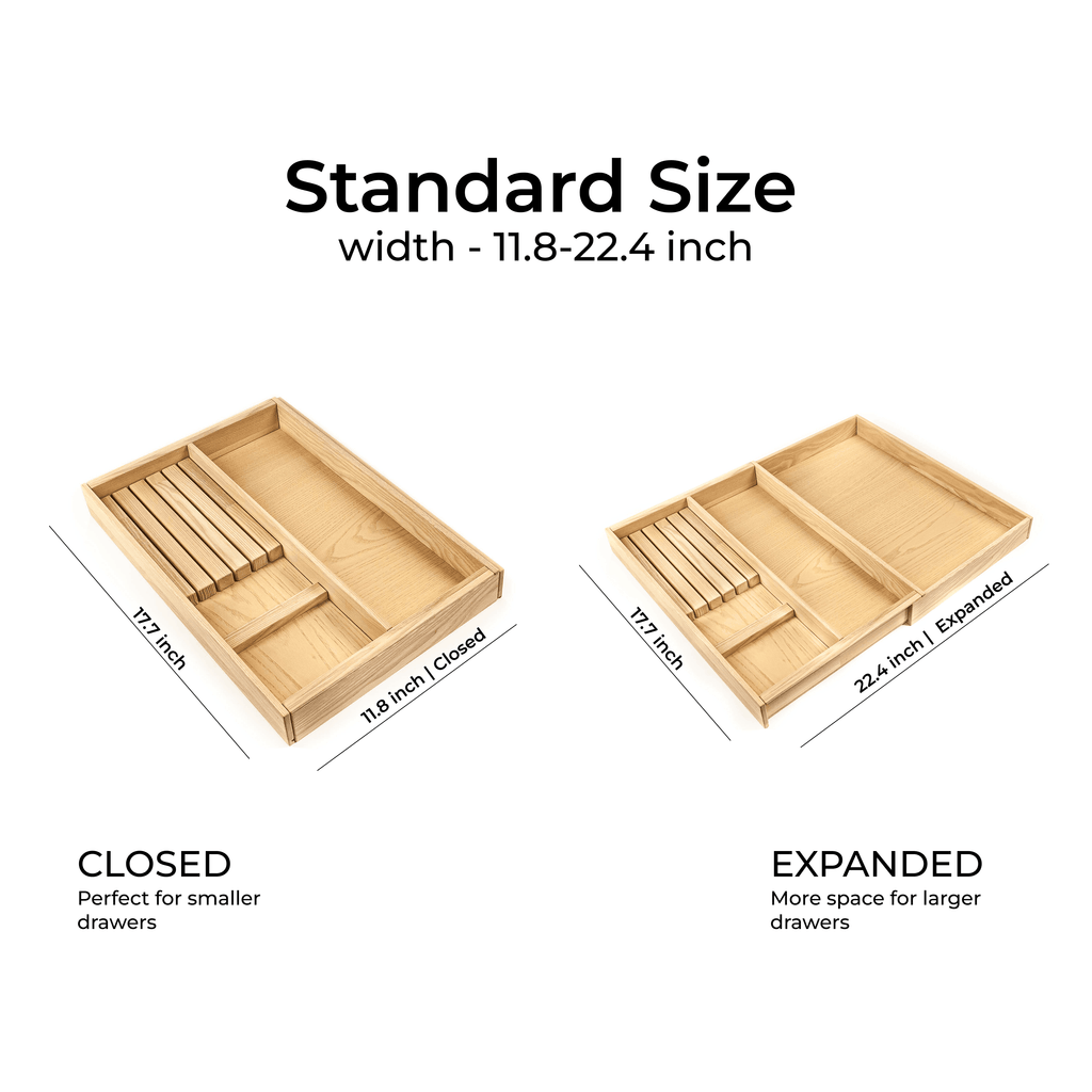 Expandable Silverware Drawer Organizer — Premium Solid Ash Wood, Fits Drawers 12"–44"