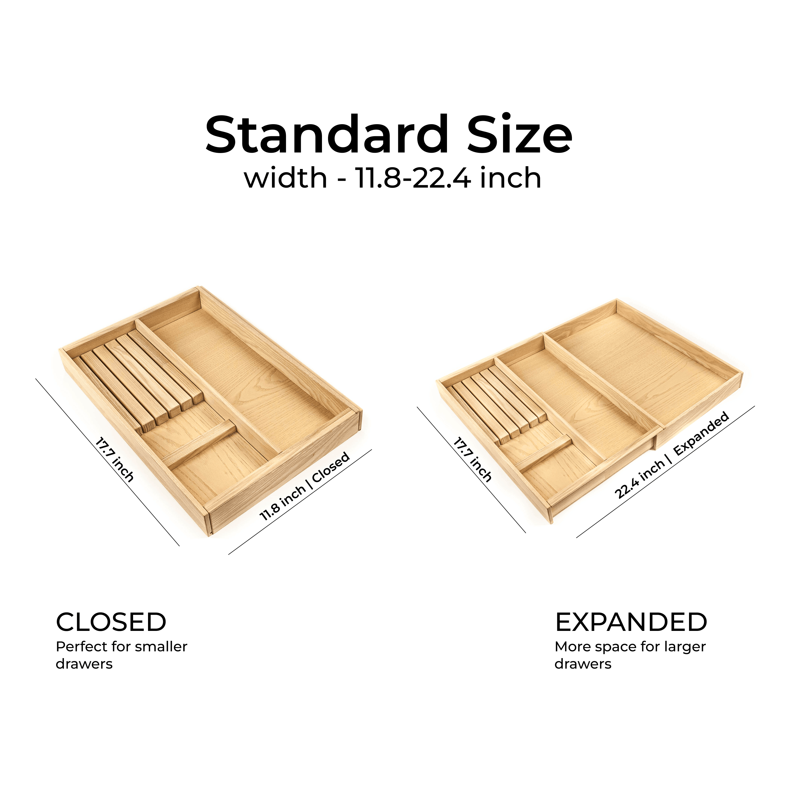 Expandable Silverware Drawer Organizer — Premium Solid Ash Wood, Fits Drawers 12"–44"