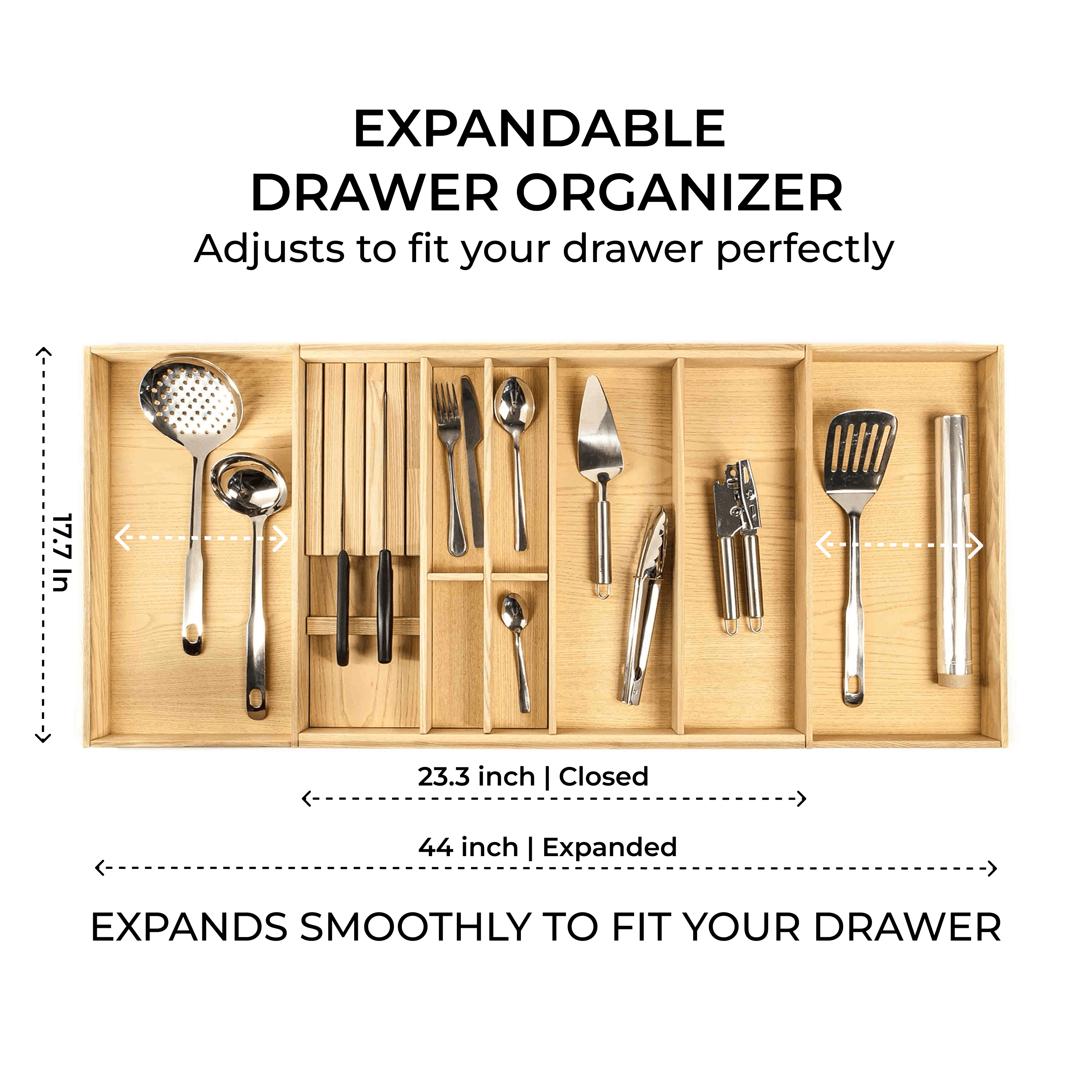 Expandable Silverware Drawer Organizer — Premium Solid Ash Wood, Fits Drawers 12"–44"