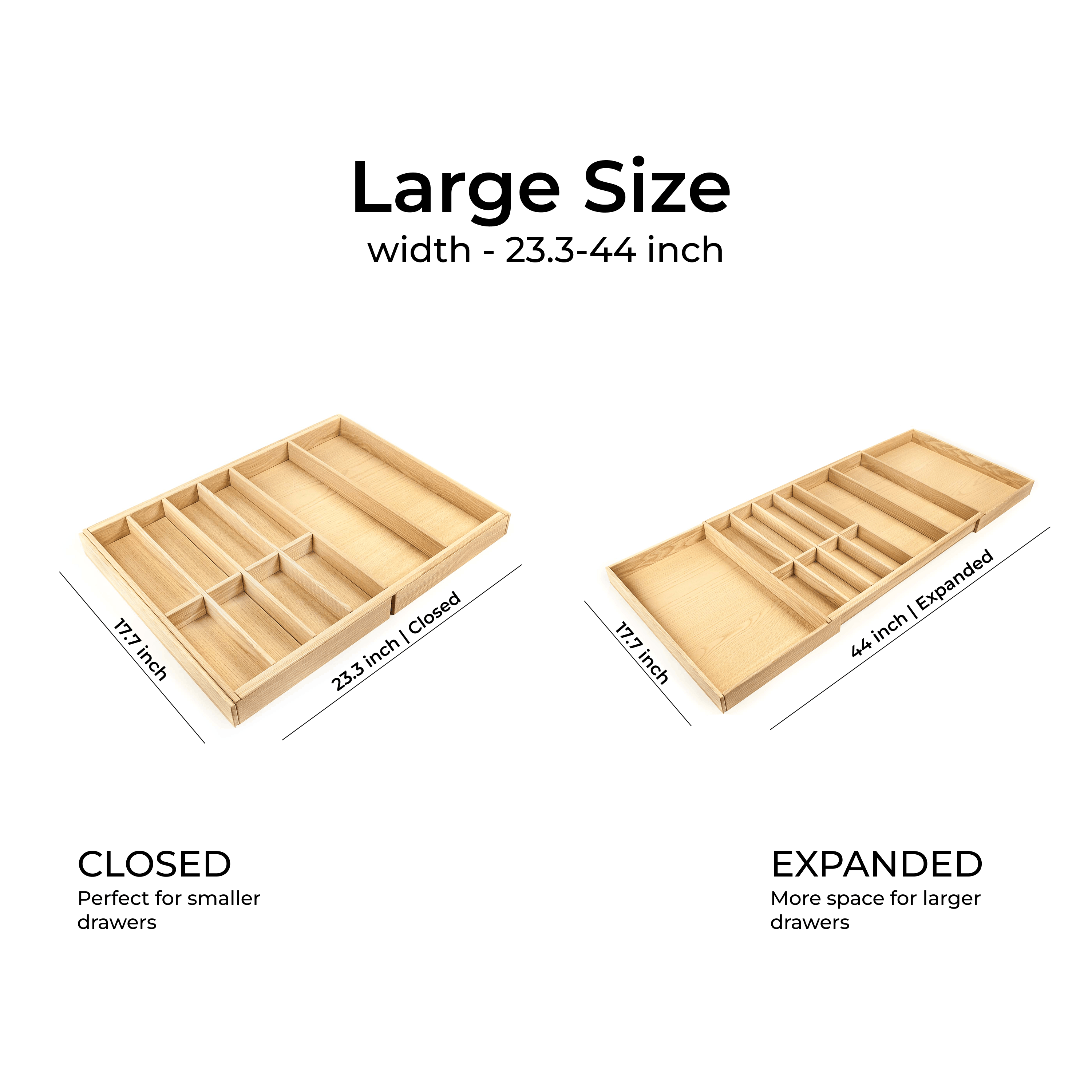 Expandable Silverware Drawer Organizer — Premium Solid Ash Wood, Fits Drawers 12"–44"