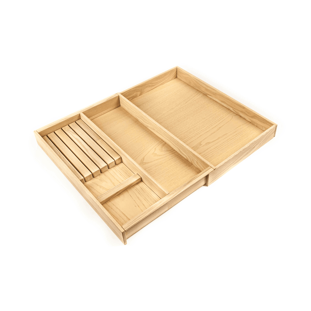 Expandable Silverware Drawer Organizer — Premium Solid Ash Wood, Fits Drawers 12"–44"