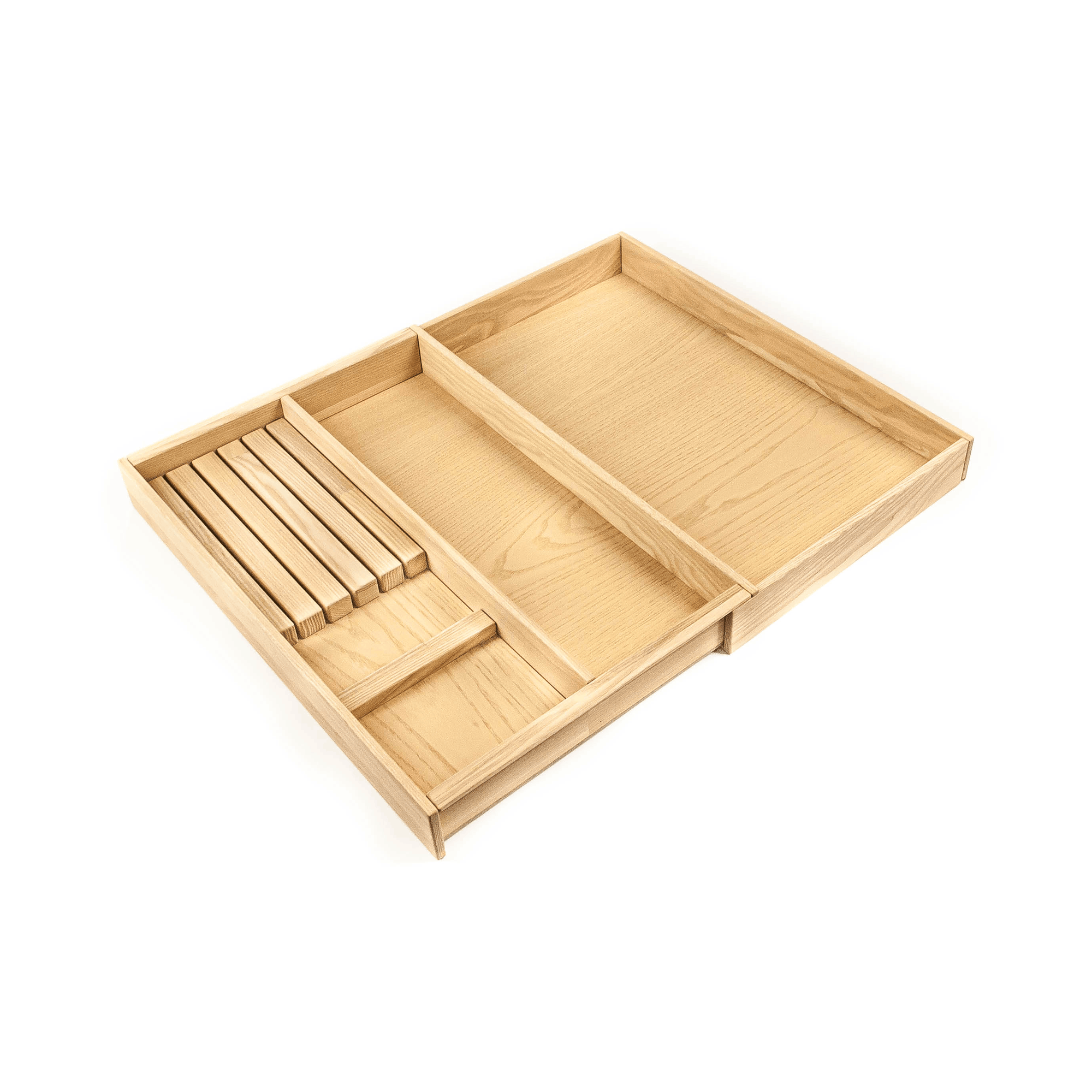 Expandable Silverware Drawer Organizer — Premium Solid Ash Wood, Fits Drawers 12"–44"