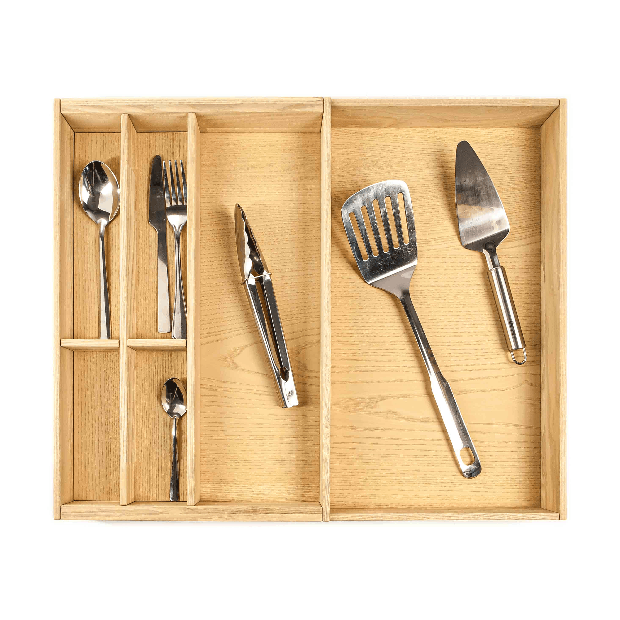 Expandable Silverware Drawer Organizer — Premium Solid Ash Wood, Fits Drawers 12"–44"
